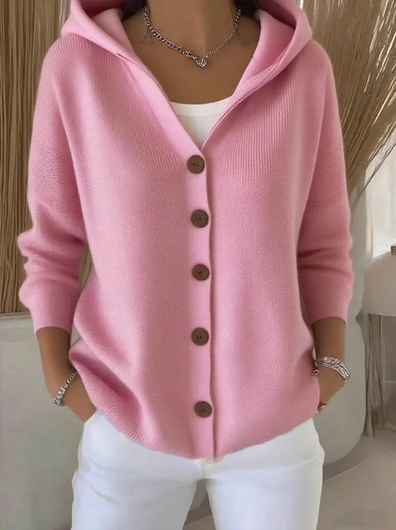Femmes tricoté pull à capuche manteaux automne hiver chaud bouton à manches longues solide tricots amples Cardigan manteau NSFZ-YYM6606